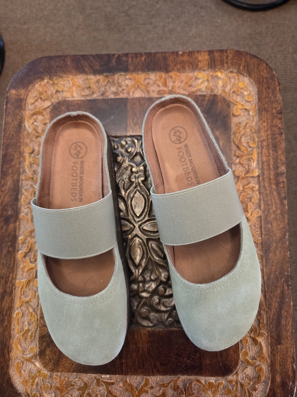 White Mountain Sage Green Elastic-Strap Mary Jane Mules